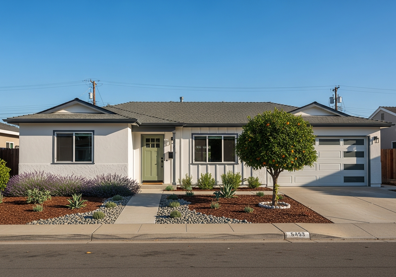A well-kept 3-bedroom, 2-bathroom single-story ranch home in Orange, California with a mature orange tree out front and drought-tolerant landscaping — sold direct through Rendezvous