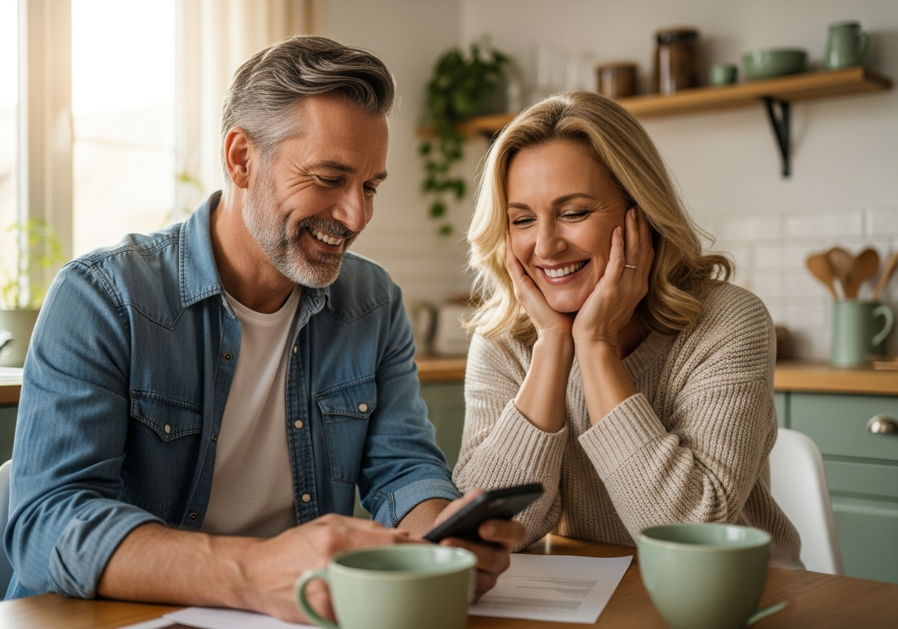 A homeowner couple smiling together while reviewing their offers at home